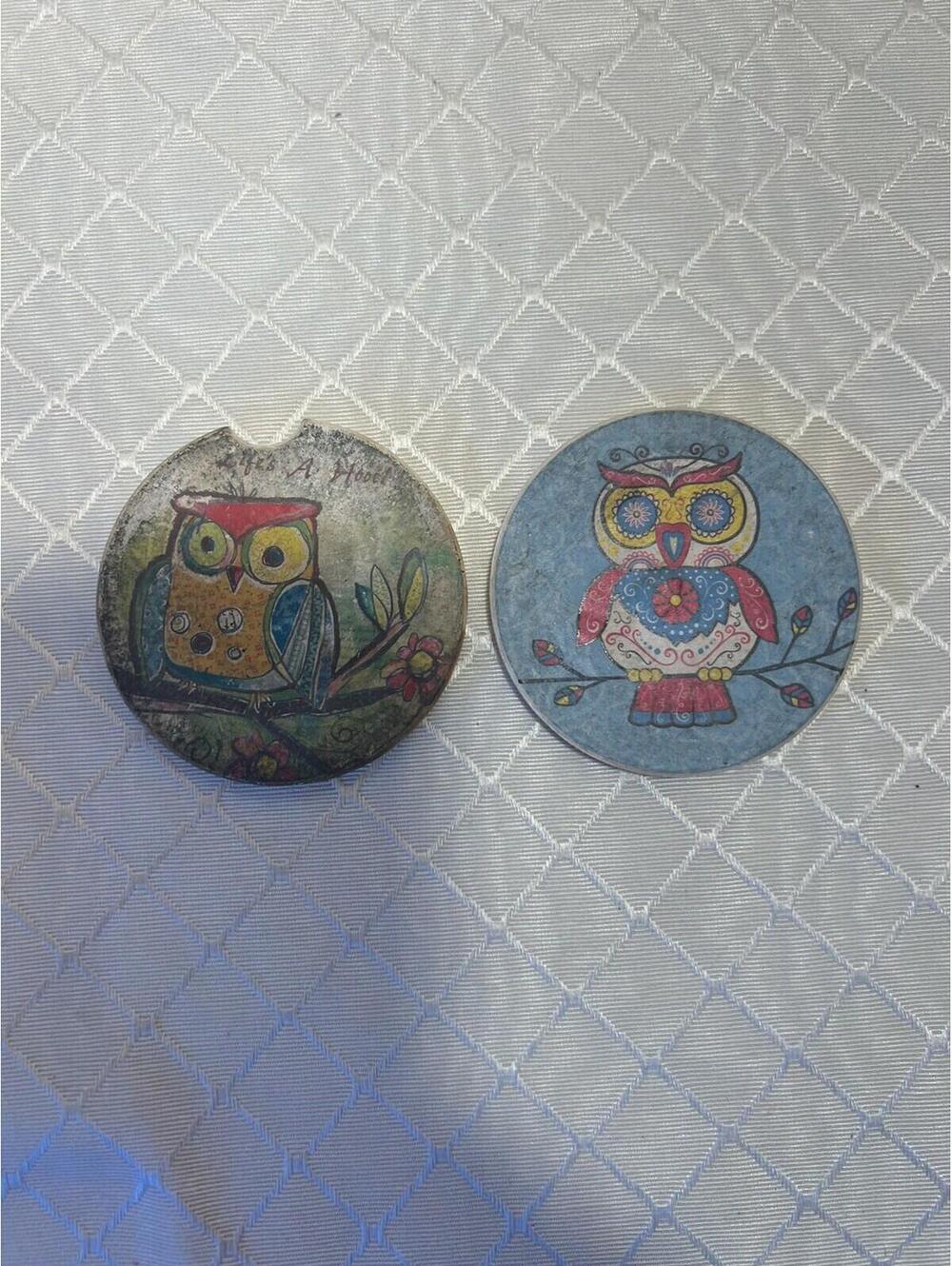 2 Cute Owl Print Car Coasters for Drinks Neoprene Cup Coaster Holders Cute Owl